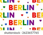 Pride Month Berlin. Berlin on Rainbow flag background. LGBT in Germany. Seamless pattern with hearts