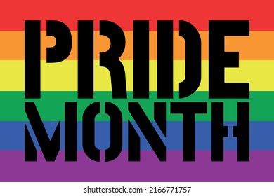 Pride Month black text on the rainbow flag for web banners, social media posts and websites. Lgbt concept.