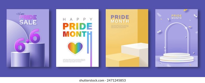 Pride month book cover, poster and background set of four with rainbow color element and stage podium for products display, vector design