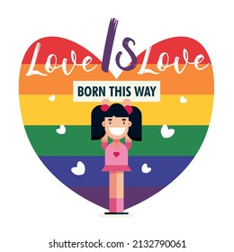 Mes del orgullo, nacido de esta manera el amor es el amor hermoso afiche con chica y color arcoiris colores del corazón cartel de diseño celebración vectorial imagen