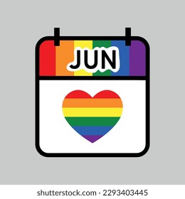 pride month, calendar page icon in LGBT rainbow colors, june 2023 vector design element
