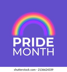El concepto de tarjeta de mes de orgullo con arco iris de neón. Ilustración vectorial con arco iris de neón sobre fondo violeta. Símbolo del mes del orgullo. Pancarta de promoción LGBT.