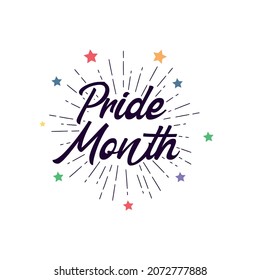 Pride month. cartoon font on on vintage sun rays. can be used as illustration for invitation, greeting card or t-shirt. Vector lettering, inscription, calligraphy design. Text background.