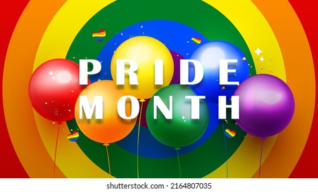 Pride month celebrate with balloons in red, orange, yellow, green, blue, purple, and decorative festive objects on colorful background. Vector illustration.