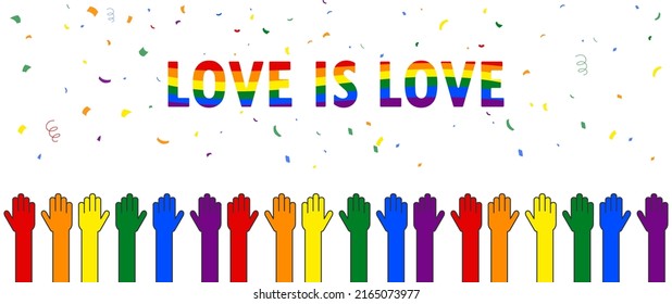 Pride month celebrates love is love with colorful hands icon and confetti on white background Vector illustration.