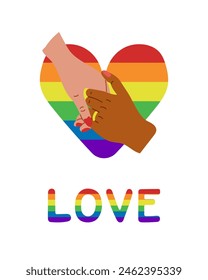 Mes del Orgullo celebrando el afiche de apoyo a la comunidad LGBTQIA. Ilustración dibujada a mano plana con el corazón del arco iris y un par de manos amorosas. Texto Amor en colores arcoíris. Concepto de paz e igualdad