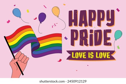 pride month celebration background. Hand hold rainbow lgbt flag and celebrate pride month, week or day vector illustration. LGBTQ support social media banner or greeting card or party invitation post