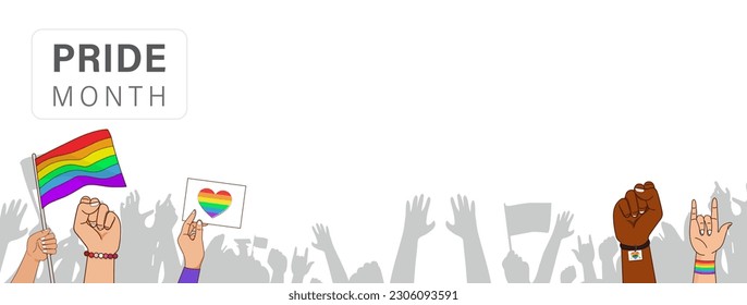 Hochmonatige Feierlichkeiten mit Bannerhintergrund mit Farbzeichen und Fäusten für Schwulenrechte 