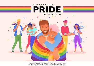 PRIDE month celebration banner with diverse people supporting LGBT rights and movements. Vector illustration template for festival parades, parties, and social events.