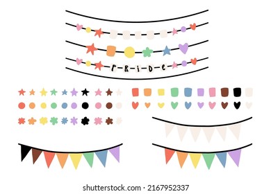 Pride Month celebration Beads, garlands, necklace constructor. Cute Rainbow LGBTQ plus community flag colors various shaped beads, flowers, stars, circles, hearts, squares, thread, string bracelet.