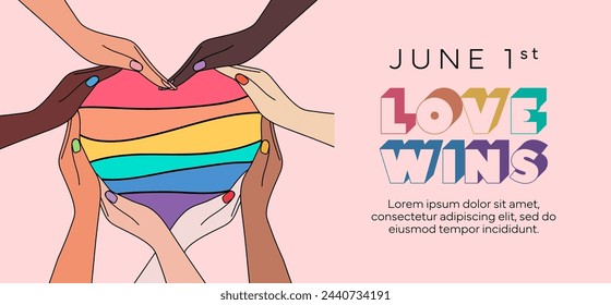 Pride month celebration concept background. People's hands folded into rainbow pride heart silhouette. Happy pride day. LGBT Pride Month