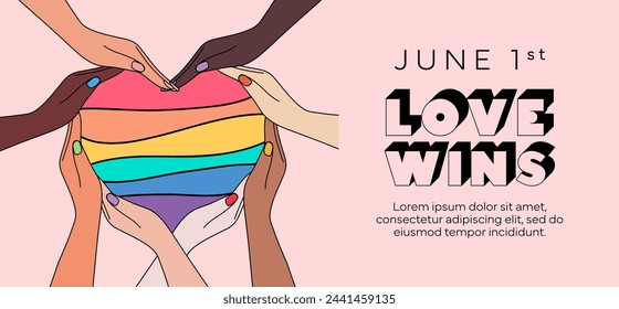 Pride month celebration concept background. People's hands folded into rainbow pride heart silhouette. Happy pride day. LGBT Pride Month