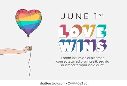Pride month celebration concept background. Hand holding a heart shape rainbow balloon. Happy pride day. LGBT Pride Month