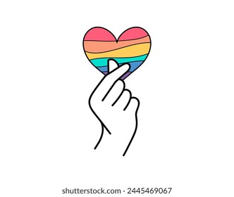 Pride month celebration concept background. Rainbow heart symbol with finger hand. Korean love sign, mini I love you