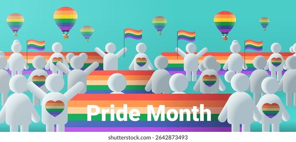 Pride month celebration crowd rainbow flags heart symbols hot air balloons festive parade colorful background website banner