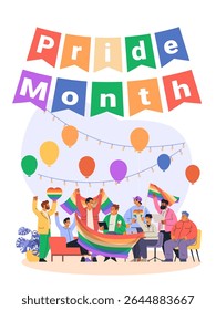 Pride month celebration diverse group holding rainbow flags balloons festive decorations indoor party scene colorful background