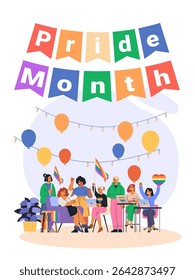 Pride month celebration diverse people rainbow flags balloons festive office teamwork lgbtq community colorful decor modern workplace