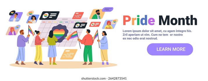 Pride month celebration diverse people rainbow flags calendar event community support colorful backgrounds social media elements landing page