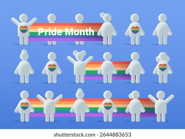 Pride month celebration diverse people rainbow flag community unity heart symbols blue background social campaign website banner