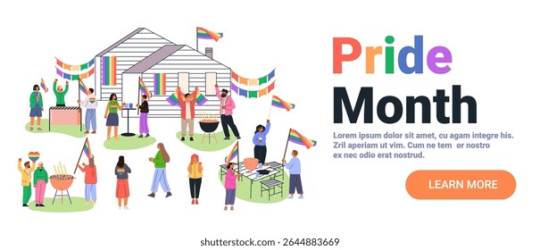 Pride month celebration diverse people rainbow flags outdoor gathering barbecue house decorations festive community event website banner