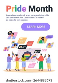 Pride month celebration diverse people rainbow flags calendar event social media messages colorful modern website banner template