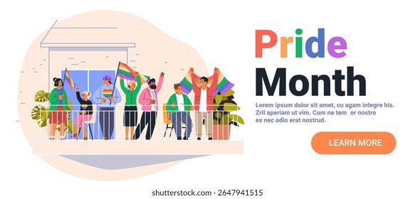 Pride month celebration diverse people holding rainbow flags balcony festive atmosphere modern flat background website banner