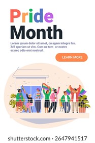 Pride month celebration diverse people waving rainbow flags balcony LGBTQ community event colorful modern flat design website banner