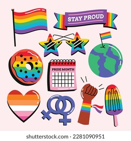 pride month celebration elements. concept. happy pride day. celebration and commemoration of lesbian, gay, bisexual, and transgender pride. LGBT Pride Month. vector illustration. June. Label, sticker.