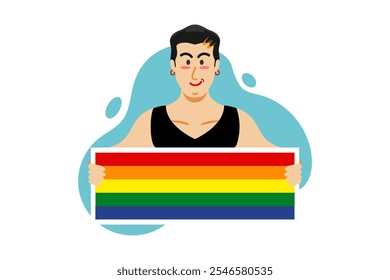 Pride Month celebration festival, Gay man adult cartoon with LGBT flag, Vector illustration.