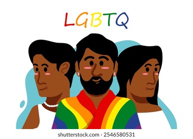 Festival de celebração do Mês do Orgulho, Caricatura de adultos transgêneros com bandeira LGBT, ilustração Vetor.