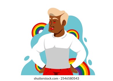 Festival de celebração do Mês do Orgulho, Homem adulto gay com arco-íris LGBT, ilustração Vetor.