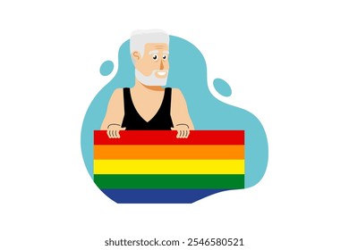 Festival de celebração do Mês do Orgulho, adulto sênior gay com bandeira LGBT, ilustração Vetor.