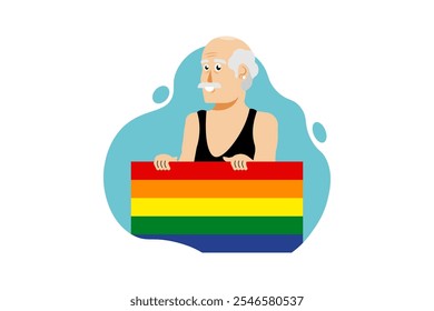 Festival de celebração do Mês do Orgulho, adulto sênior gay com bandeira LGBT, ilustração Vetor.