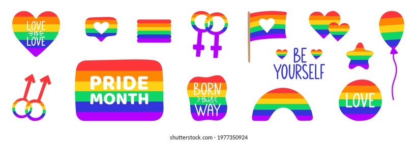 Pride month celebration. Lgbt rainow background. Hand drawn lgbtq stickers. Gay parade. Transgender, lesbian, bisexual couple. Freedom poster. Love is love sign. Propaganda symbol Vector illustration.