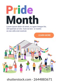 Pride month celebration LGBTQ community people rainbow flags outdoor party barbecue house festive decorations diverse group