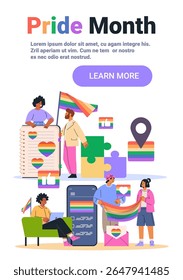 Pride month celebration LGBTQ community people rainbow flags hearts digital social media icons diverse group puzzle background landing page