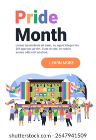 Pride month celebration outdoor concert stage crowd rainbow flags diverse people festive atmosphere colorful banners website banner