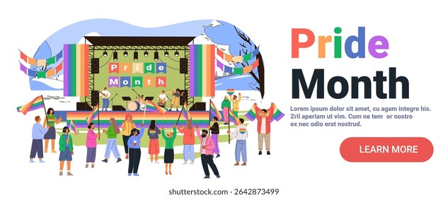 Pride month celebration outdoor stage concert crowd rainbow flags diverse people colorful decorations modern event landing page
