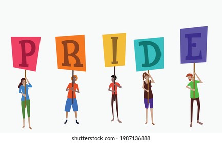 Pride month celebration, people holding individual letters on rainbow-colored signs isolated on white background.