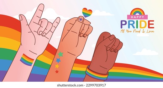 Hochmonat-Celebration-Poster mit handgetragener Geste mit liebenswertem Zeichen und Regenbogen auf Hintergrund, Vektorgrafik