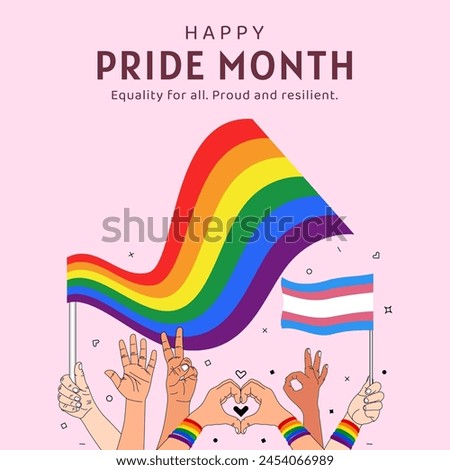 pride month celebration squre banner design with illustration of hand hold lgbt rainbow transgender pride flag, equality