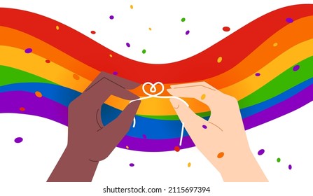 Concepto de ilustración vectorial de la celebración del mes de Orgullo. Manos multinacionales agarrando el fondo del arco iris. Plantilla para banner de sitio web, campaña publicitaria o artículo de noticias.