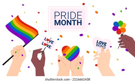 Pride month celebration vector illustration concept. Multinational hands with rainbow flag, heart and signs. Template for website banner, advertising campaign or news article.