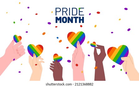 Pride month celebration vector illustration concept. Multinational hands with rainbow flag, heart and signs.  Template for website banner, advertising campaign or news article.