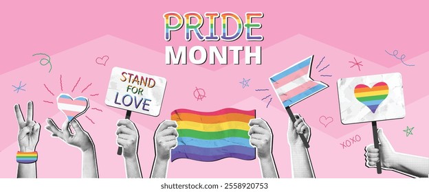 Pride Month collage. Mixed media LGBTQ banner with rainbow flags, heart symbols and supportive placards in halftone hands. Celebrating love and equality vector illustration.