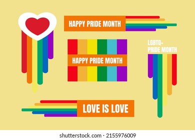 Pride Month collection of graphic elements. Pride design logo icon. Set of LGBTQ+ related symbol in rainbow colors. Gay pride. Rainbow community pride month.