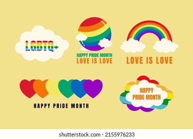 Pride Month collection of graphic elements. Pride design logo icon. Set of LGBTQ+ related symbol in rainbow colors. Gay pride. Rainbow community pride month.