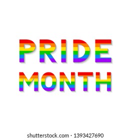 Pride Month colorful lettering. Letters in colors of rainbow LGBT community flag on black background. LGBTQ rights concept. Symbol of homosexuality. Against homophobia concept vector illustration.