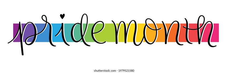 PRIDE MONTH colorful vector brush calligraphy banner on white background with heart symbol