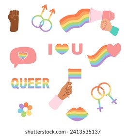 Pride month concept, gender equality, people diversity. Set of elements such as rainbow flag, heart, lips, male and female symbol, megaphone